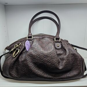 Gucci Brown Embossed Leather Satchel with Gold-Tone Hardware